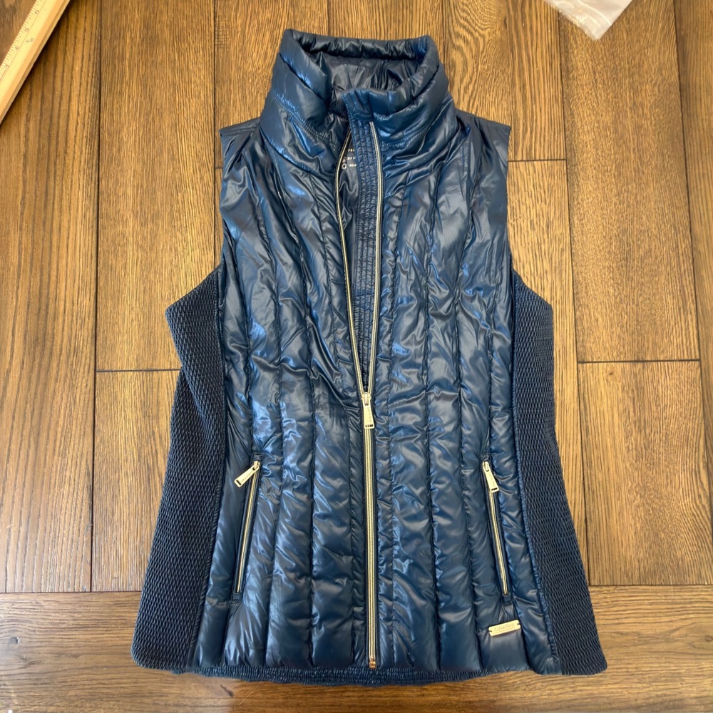 Calvin Klein‎ Performance Womens Navy Blue Premium Down Puffer Vest Med Gold Zip